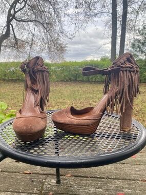 7 For All Mankind Hazelnut Suede Platform Fringe Heels Sz 9